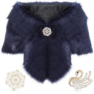 Faux Fur Shawl Wrap with Rhinestone Brooches Navy
